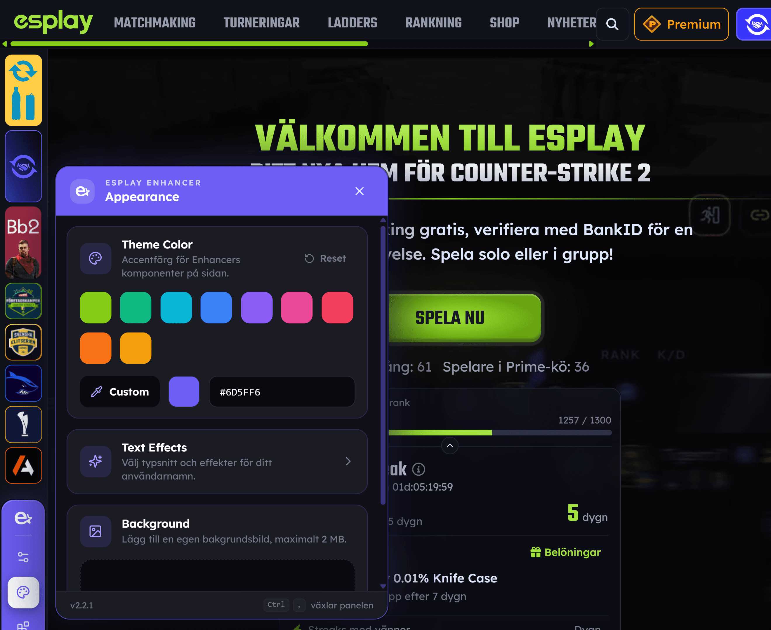 Inställningspanelen öppen ovanpå esplay.com